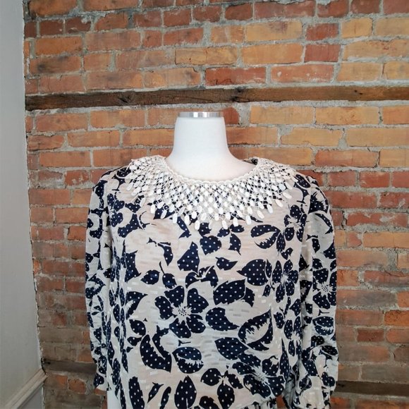 Vintage Lady Carol Dress 1980s Navy Tan Floral Crochet Collar Matching Belt XL - Picture 3 of 8